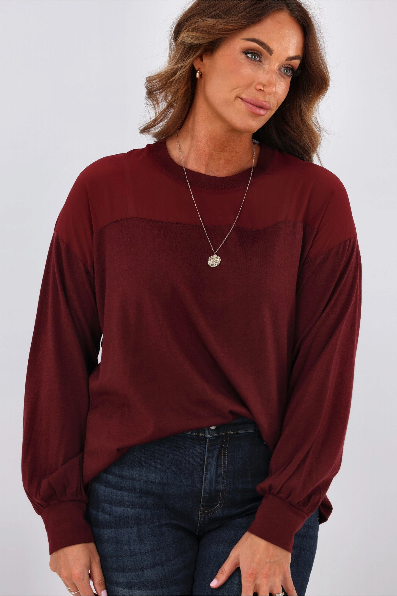 Alpine by Shine On Fleur Chiffon Yoke Merino Top Claret