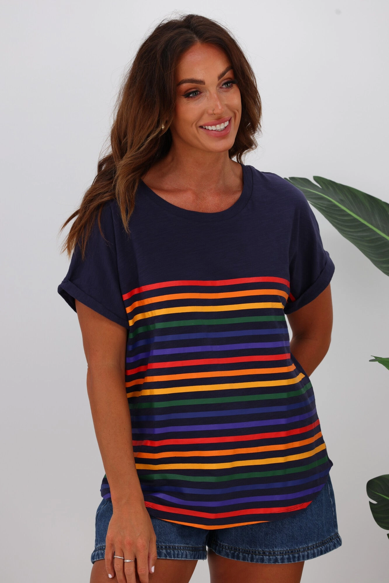 Betty Basics Hailey Short Sleeve Tee Blue Rainbow Stripe