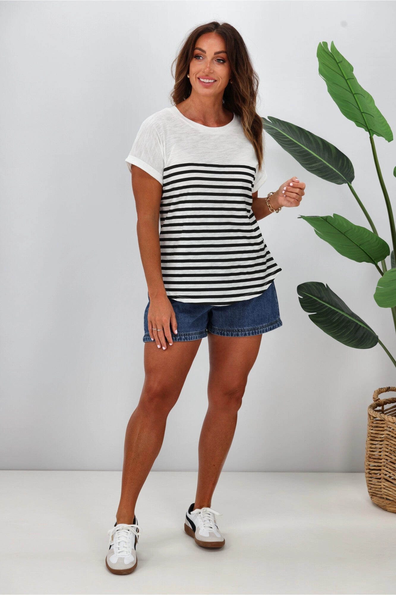 Betty Basics Hailey Short Sleeve Tee White Black Stripe