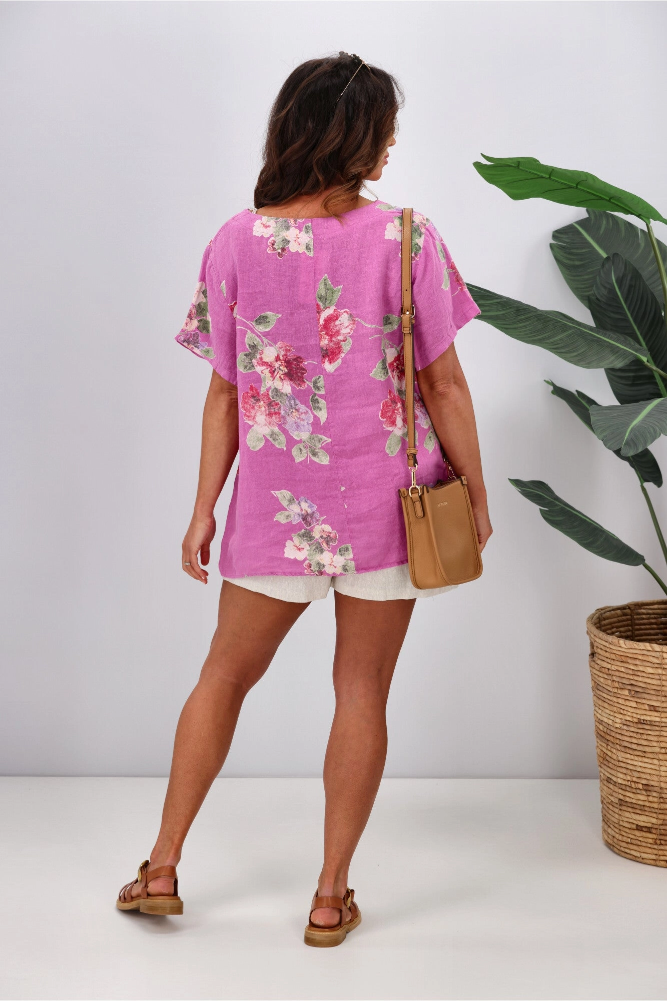 Cali & Co Floral Linen Top Hot Pink