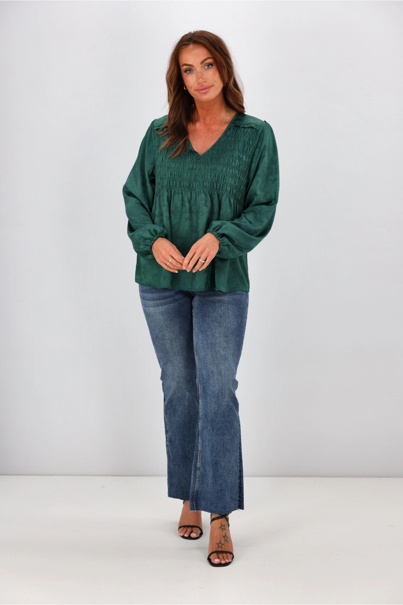 Gloss By Shine On Arabella Shirred Ruffle Blouse Jade