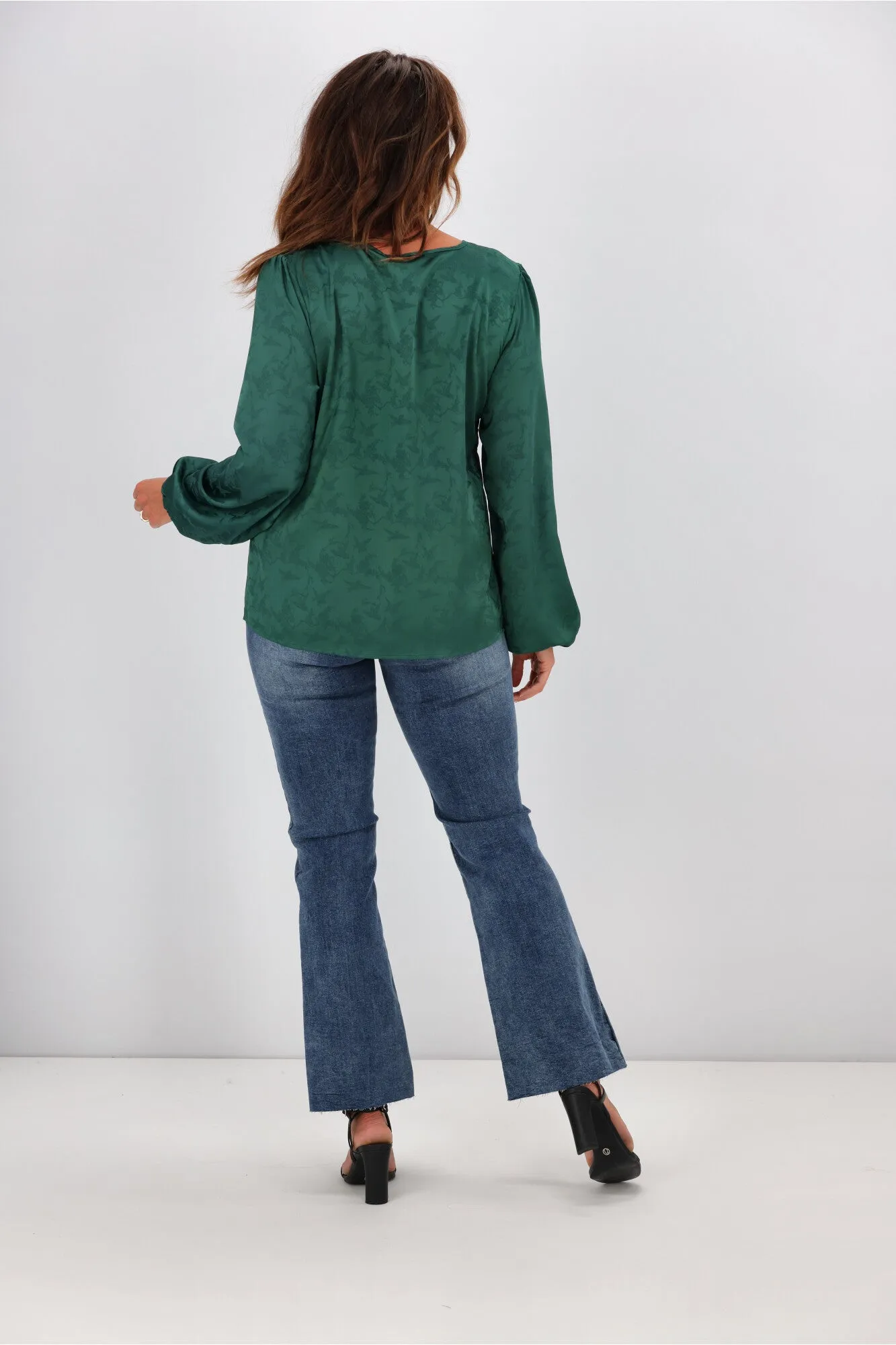 Gloss By Shine On Arabella Shirred Ruffle Blouse Jade