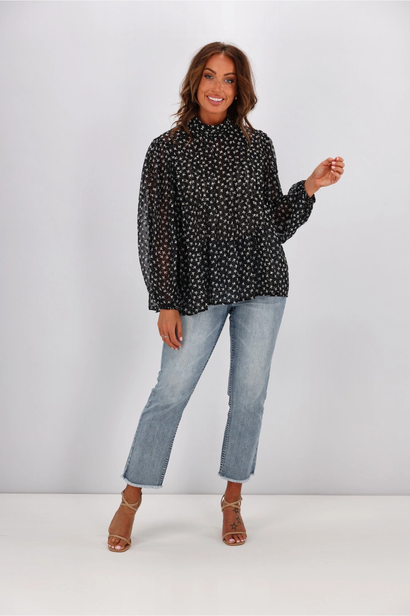 Gloss by Shine On Brigitta Pleat Detail Blouse White Star Dobby Chiffon
