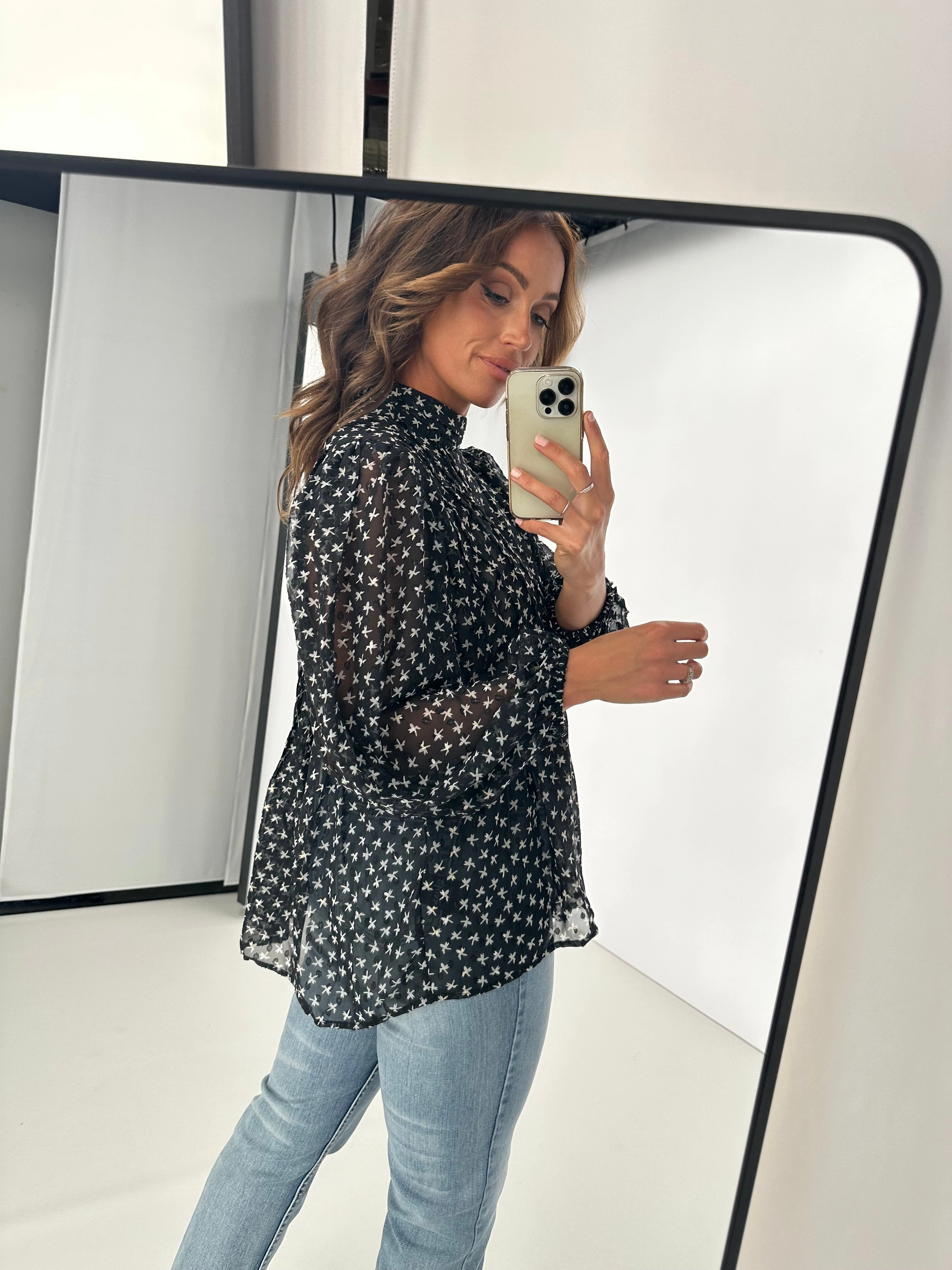 Gloss by Shine On Brigitta Pleat Detail Blouse White Star Dobby Chiffon