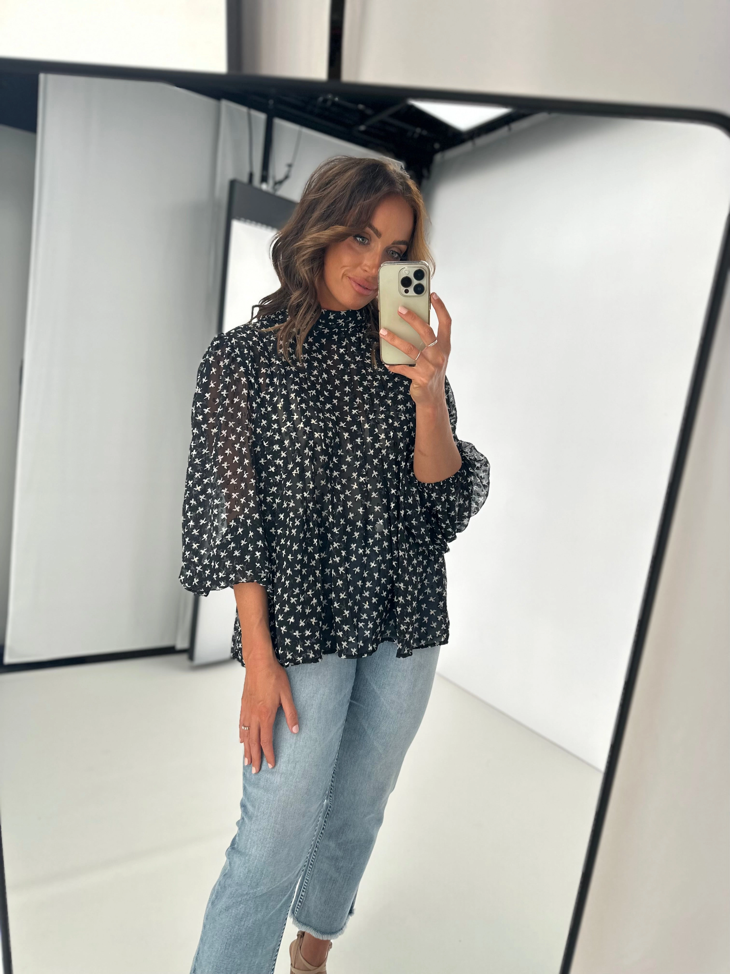 Gloss by Shine On Brigitta Pleat Detail Blouse White Star Dobby Chiffon