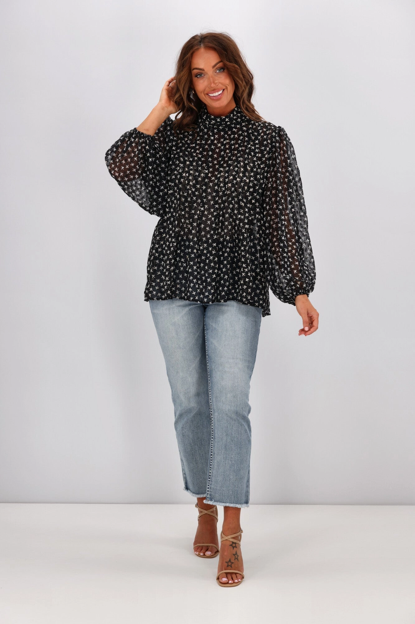 Gloss by Shine On Brigitta Pleat Detail Blouse White Star Dobby Chiffon