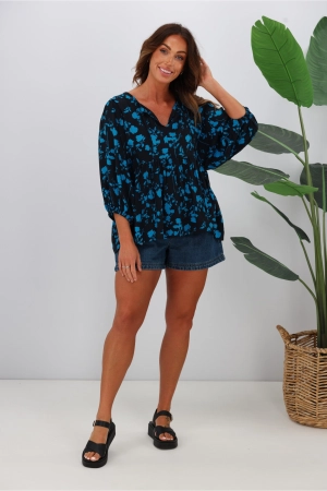 Gloss by Shine On Charlotte Balloon Sleeve Top Black Blue Floral