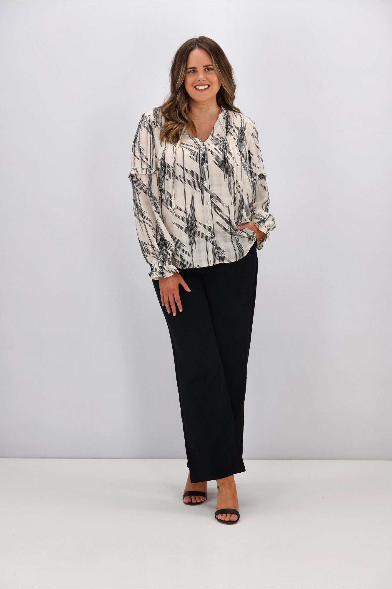 Gloss By Shine On Mia Pintuck Blouse Lines Print