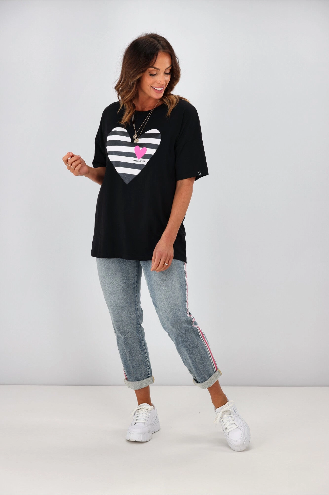 Rebel Club by Shine On Stripe Heart Boyfriend Tee Black
