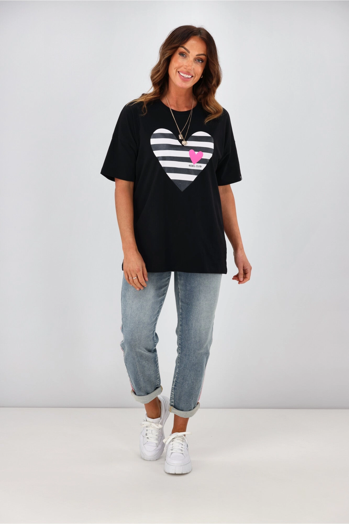 Rebel Club by Shine On Stripe Heart Boyfriend Tee Black