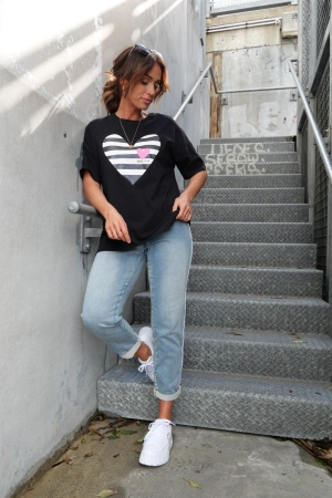 Rebel Club by Shine On Stripe Heart Boyfriend Tee Black