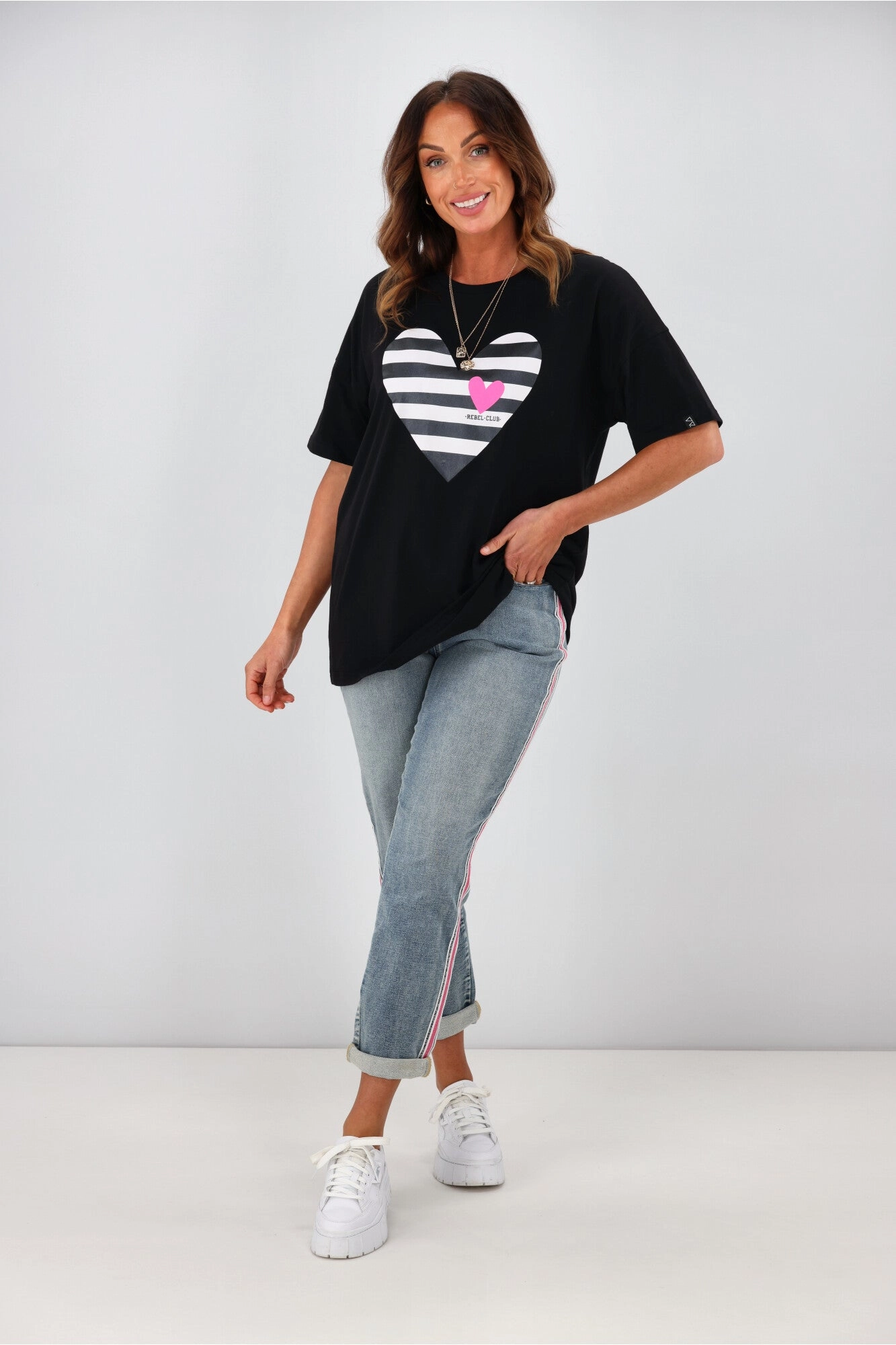Rebel Club by Shine On Stripe Heart Boyfriend Tee Black