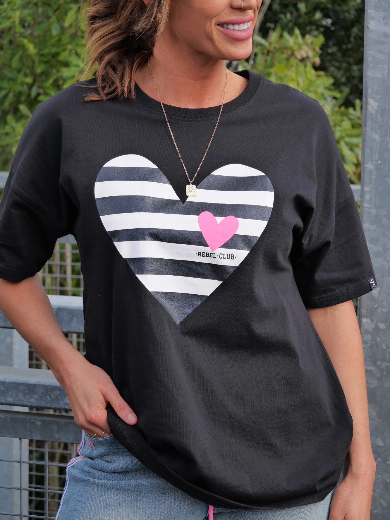 Rebel Club by Shine On Stripe Heart Boyfriend Tee Black