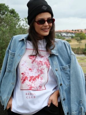 Rebel Club Floral Edge Boyfriend Tee White