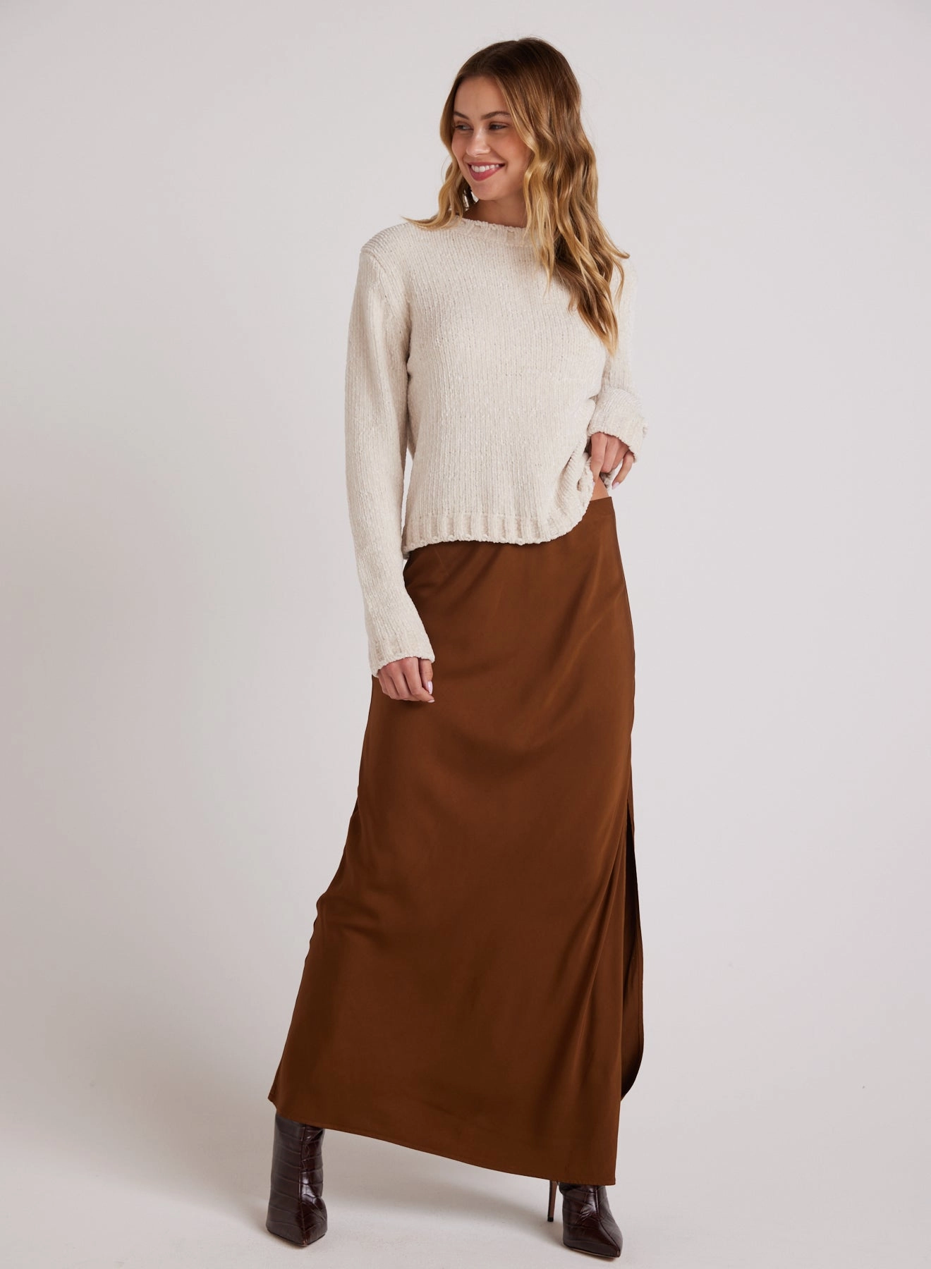 Satin Side Slit Maxi Skirt - Twilight Gold