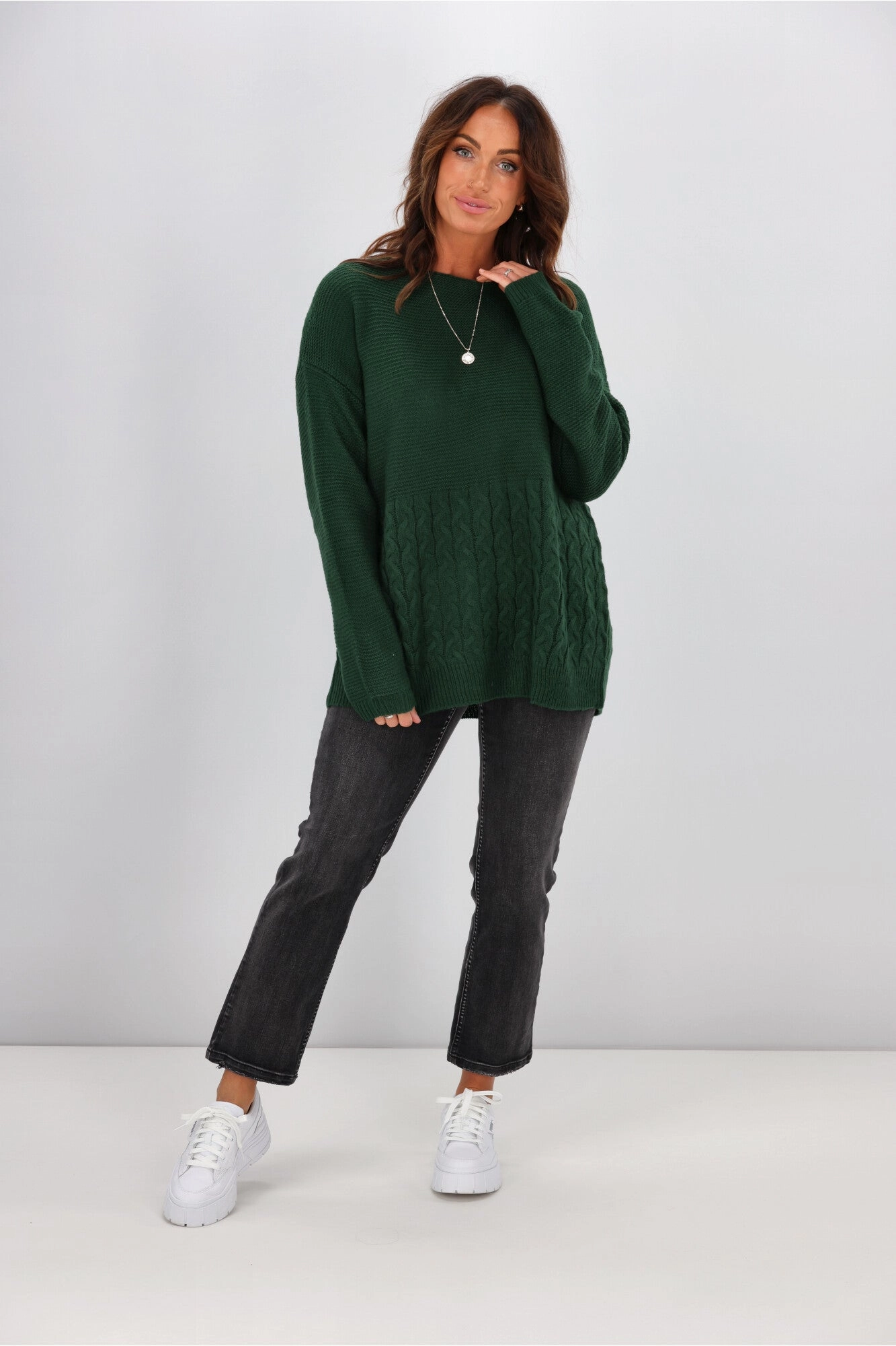 Shine On Label Maria Cable Detail Drop Shoulder Jumper Forest Green