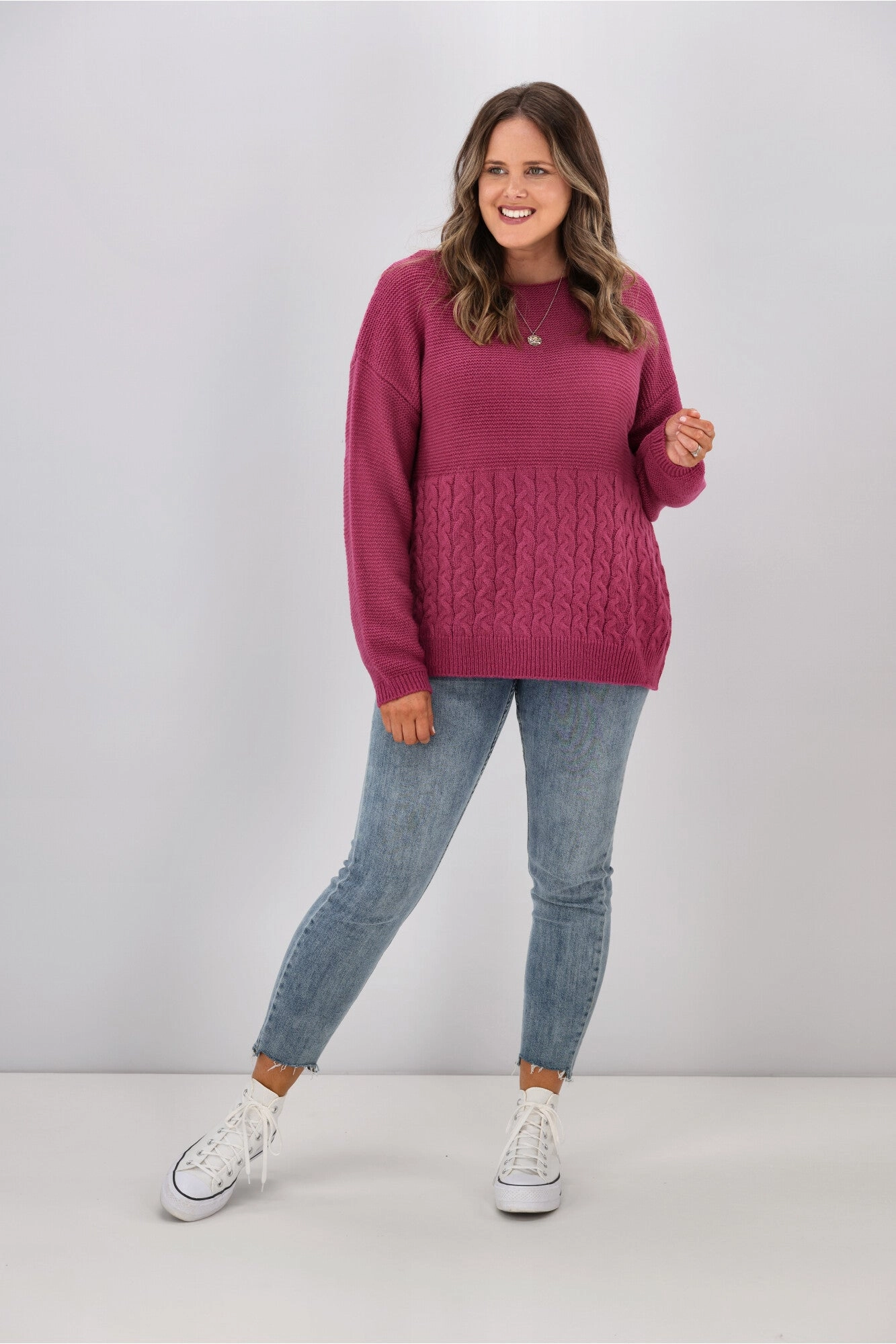 Shine On Label Maria Cable Detail Drop Shoulder Jumper Orchid Pink
