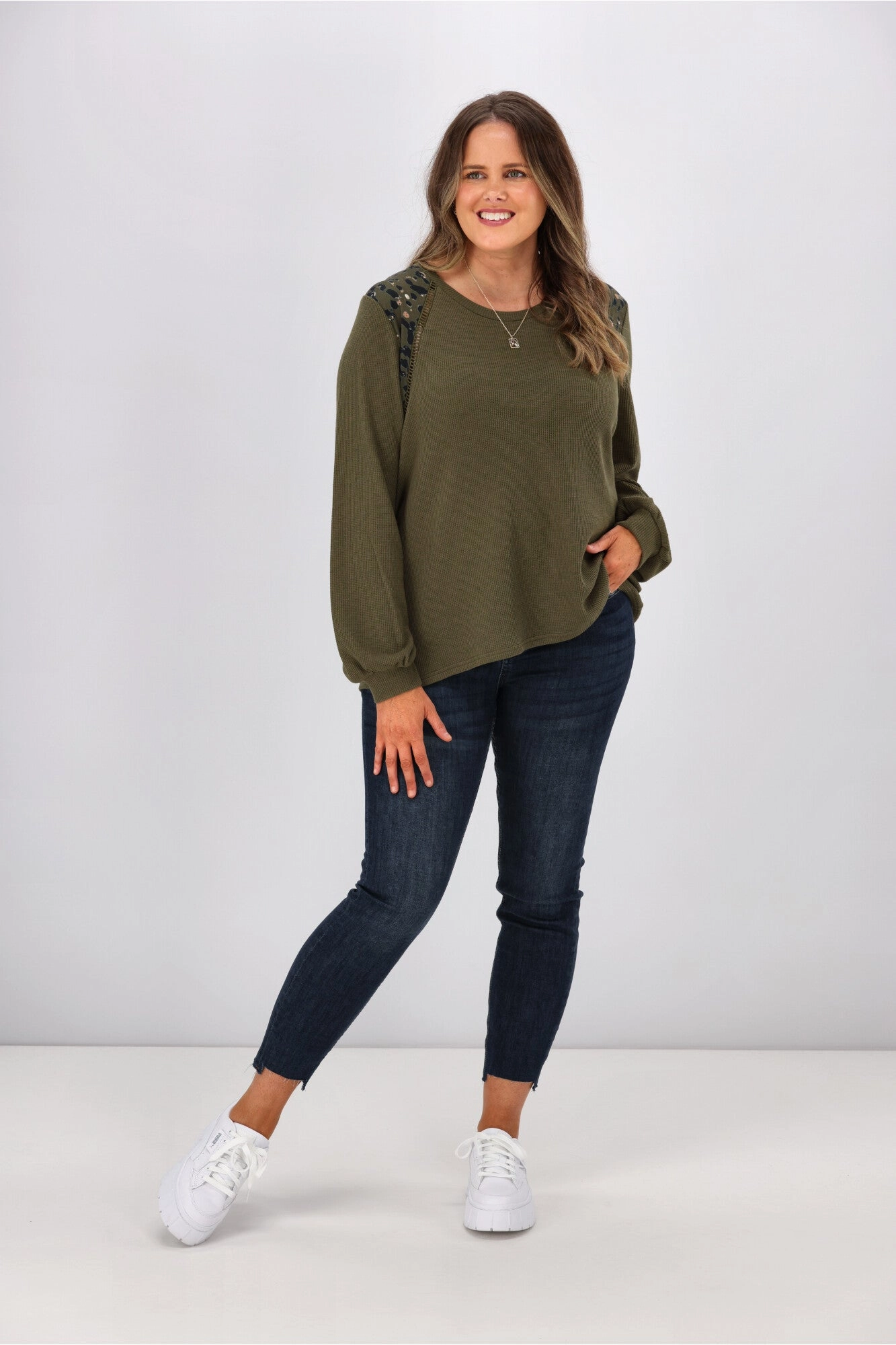 Shine On label Sherryn Print Shoulder Top Olive