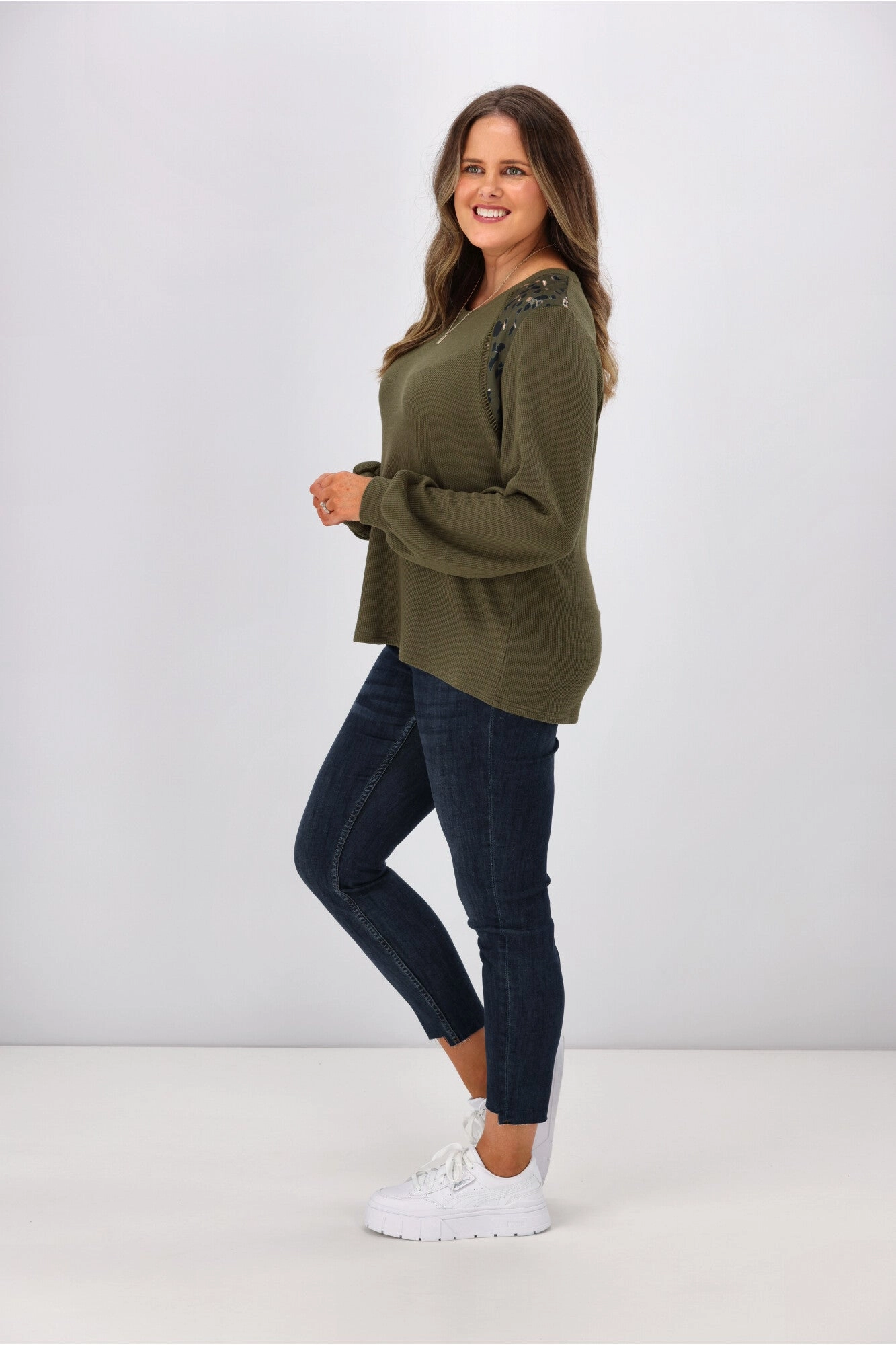 Shine On label Sherryn Print Shoulder Top Olive
