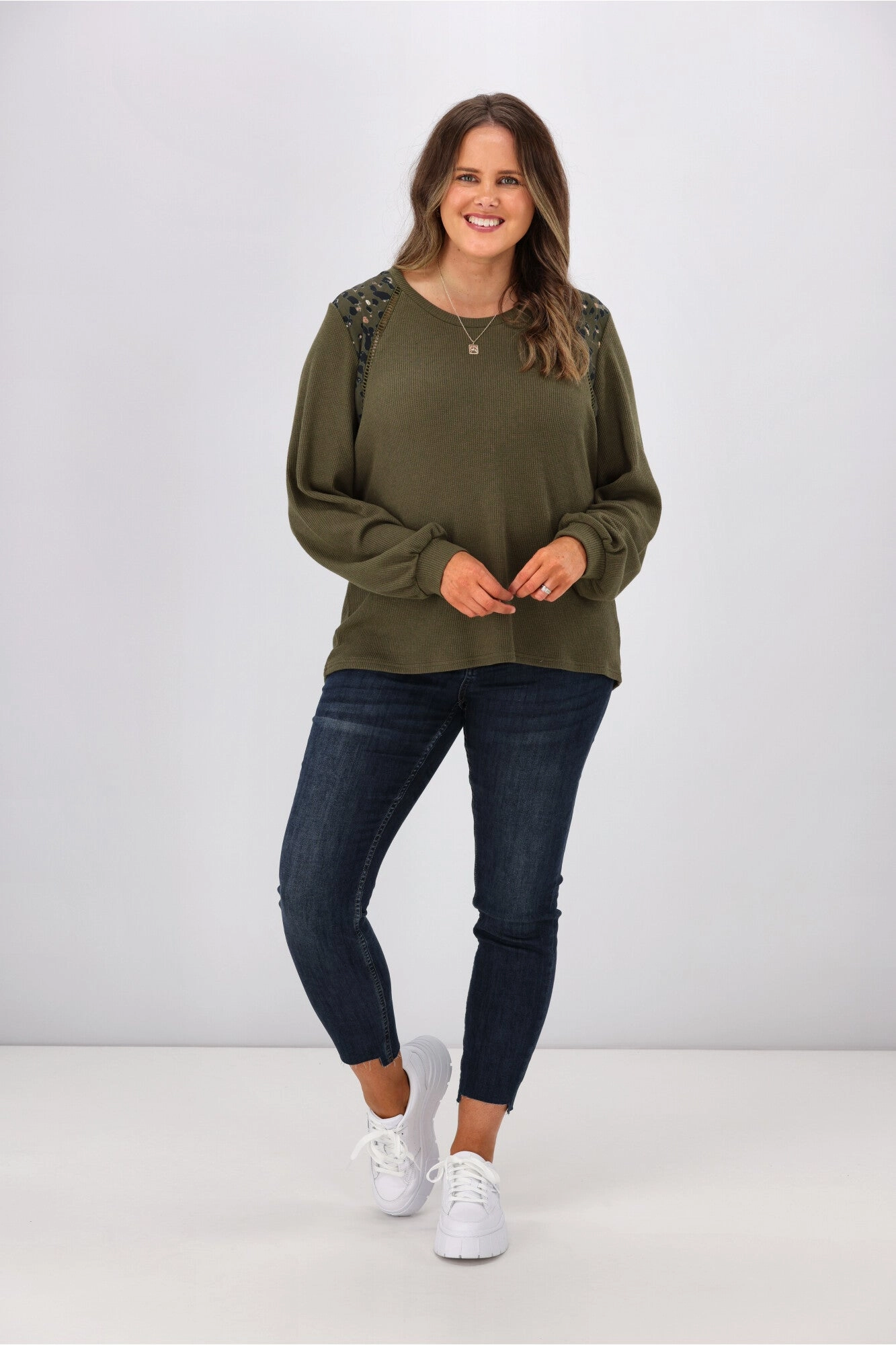 Shine On label Sherryn Print Shoulder Top Olive