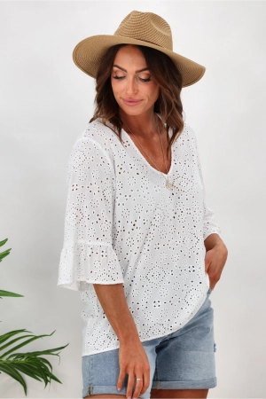 Shine On Label Tiffany Broderie V Neck Top White