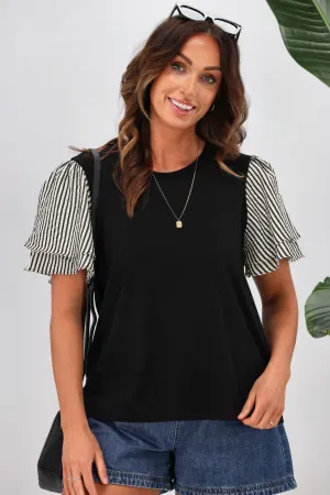 Shine On Label Tilda Stripe Sleeve Top Black