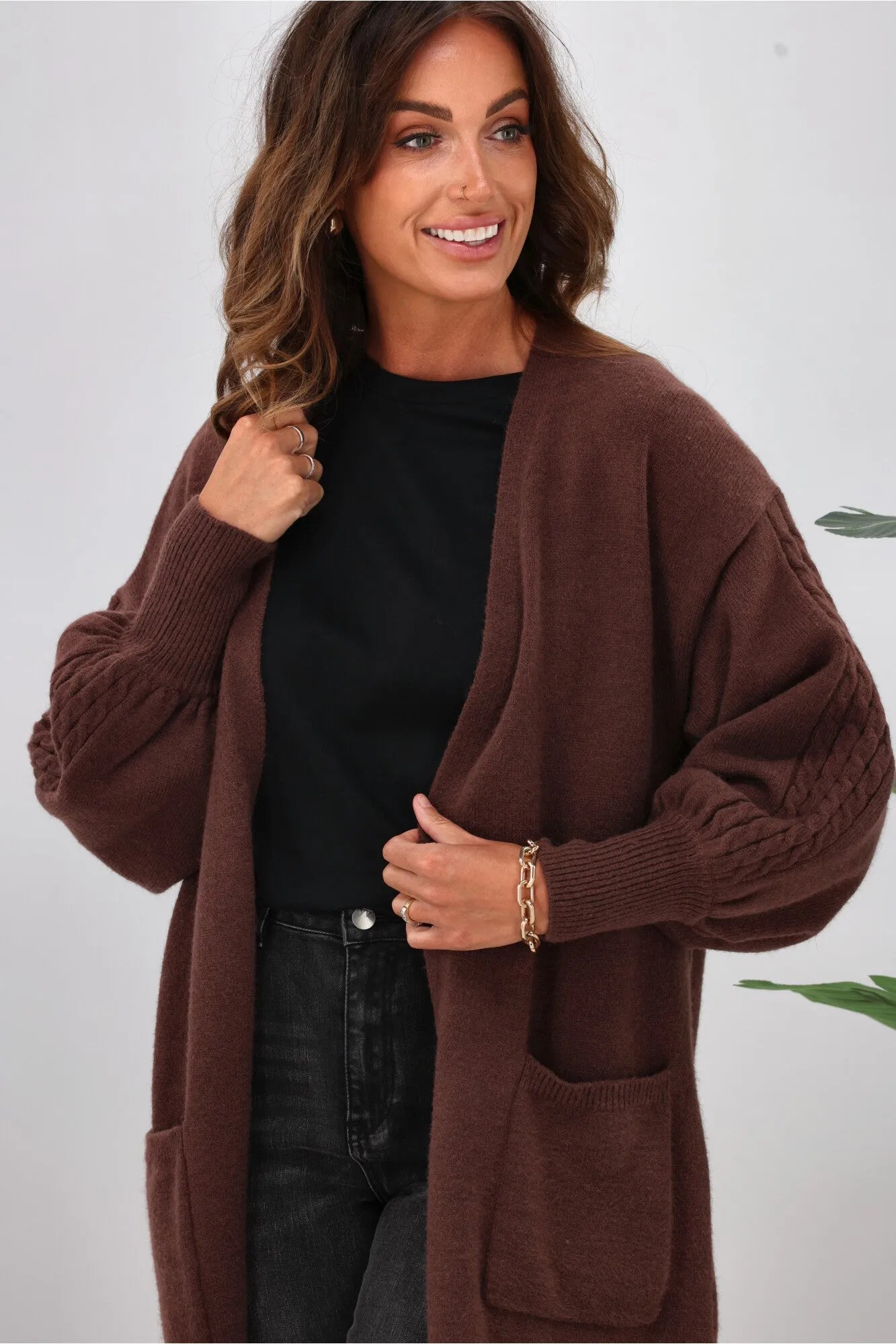 Shine On Label Wyatt Cable Knit Cardigan Chocolate