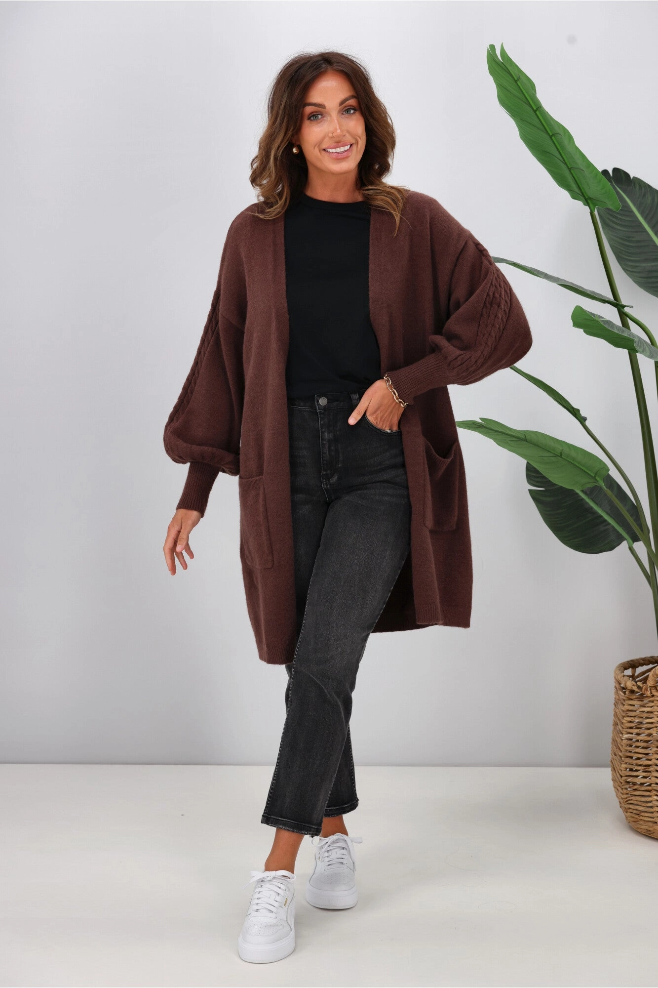 Shine On Label Wyatt Cable Knit Cardigan Chocolate