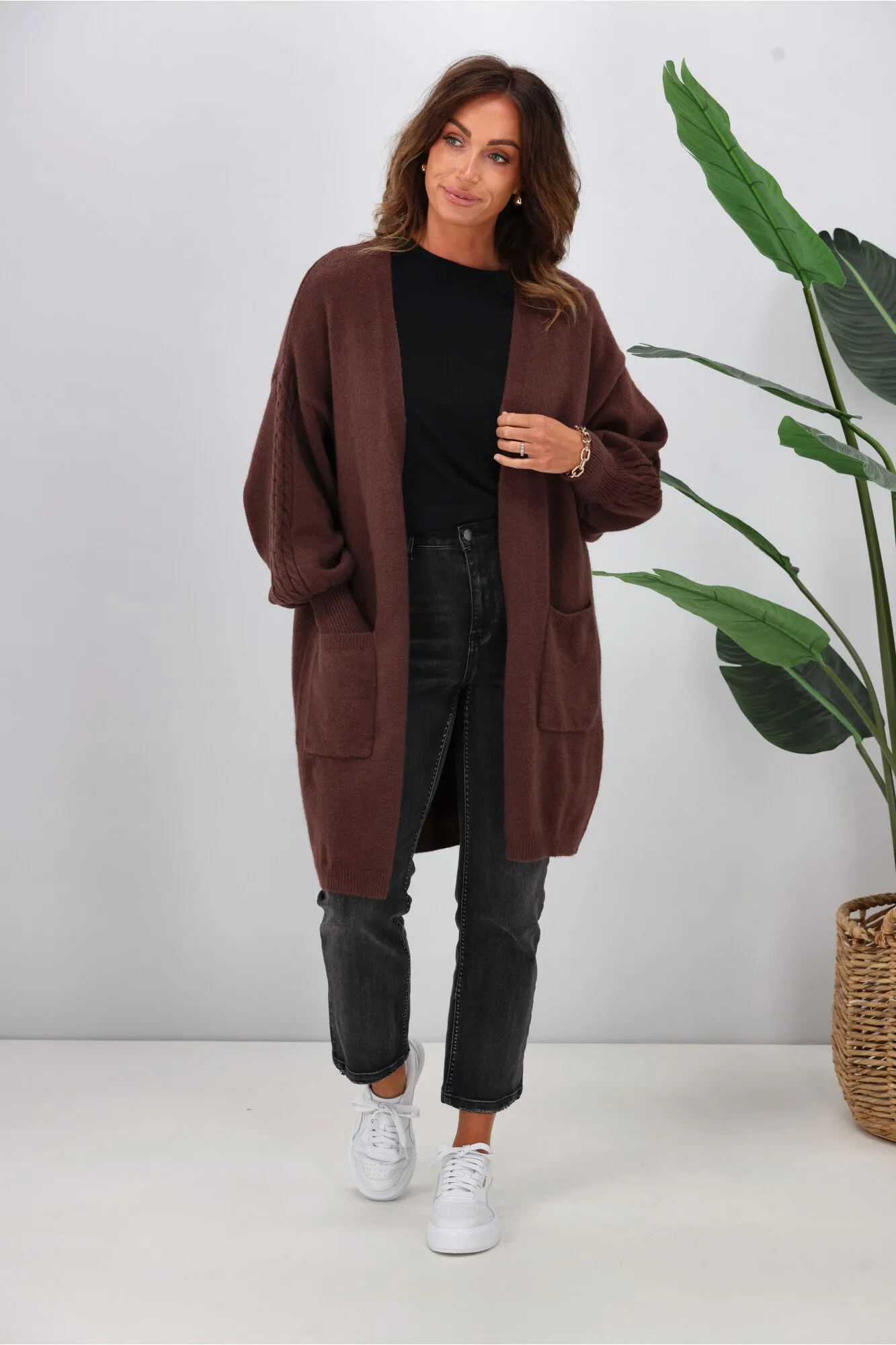 Shine On Label Wyatt Cable Knit Cardigan Chocolate
