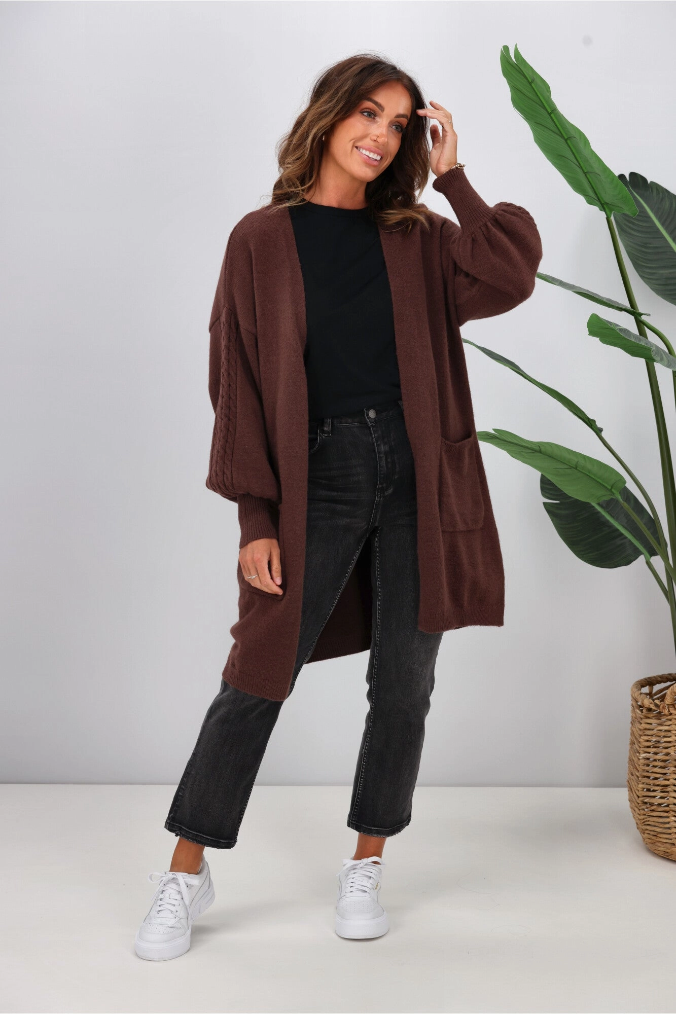Shine On Label Wyatt Cable Knit Cardigan Chocolate