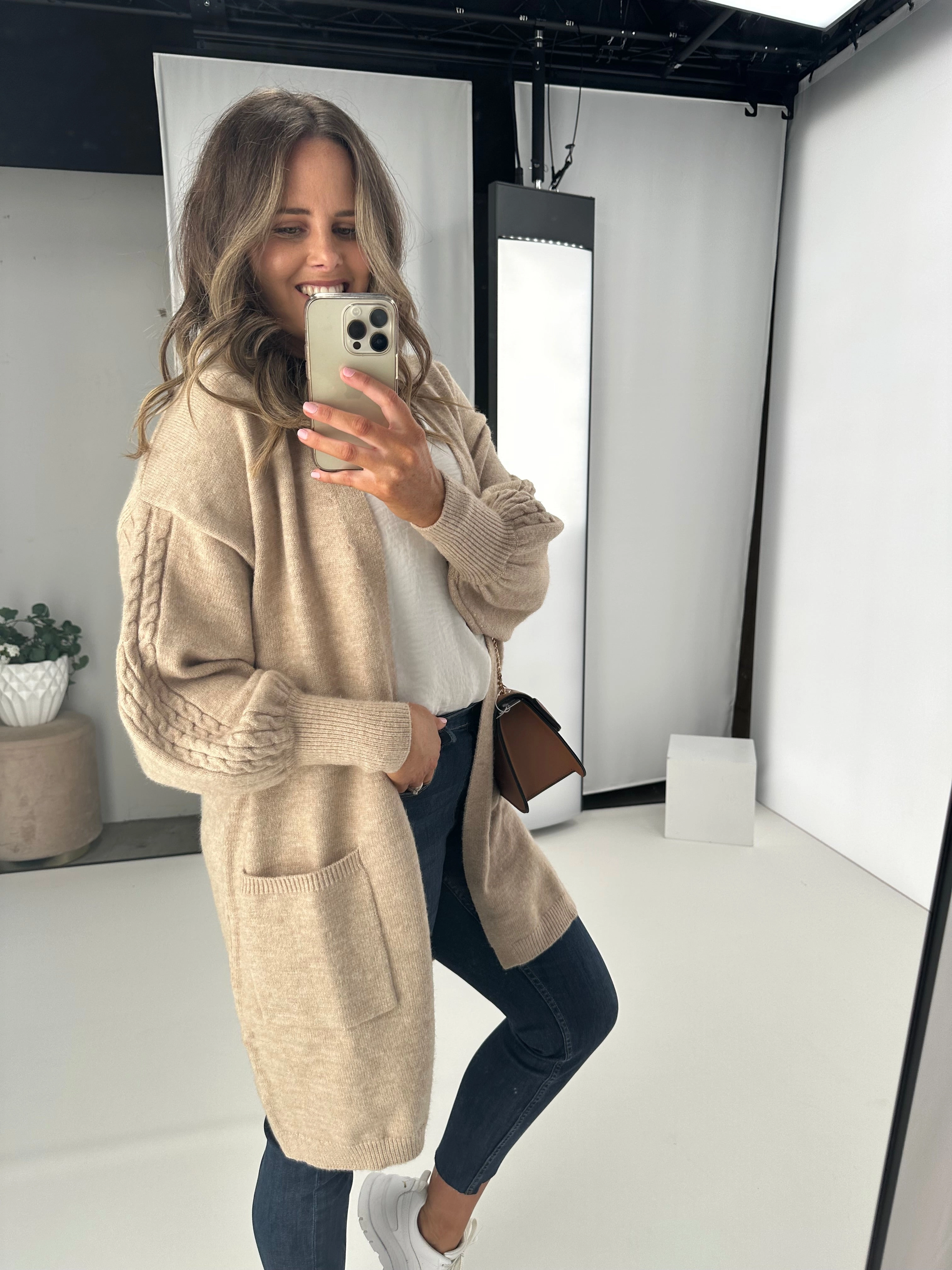 Shine On Label Wyatt Cable Knit Cardigan Oatmeal