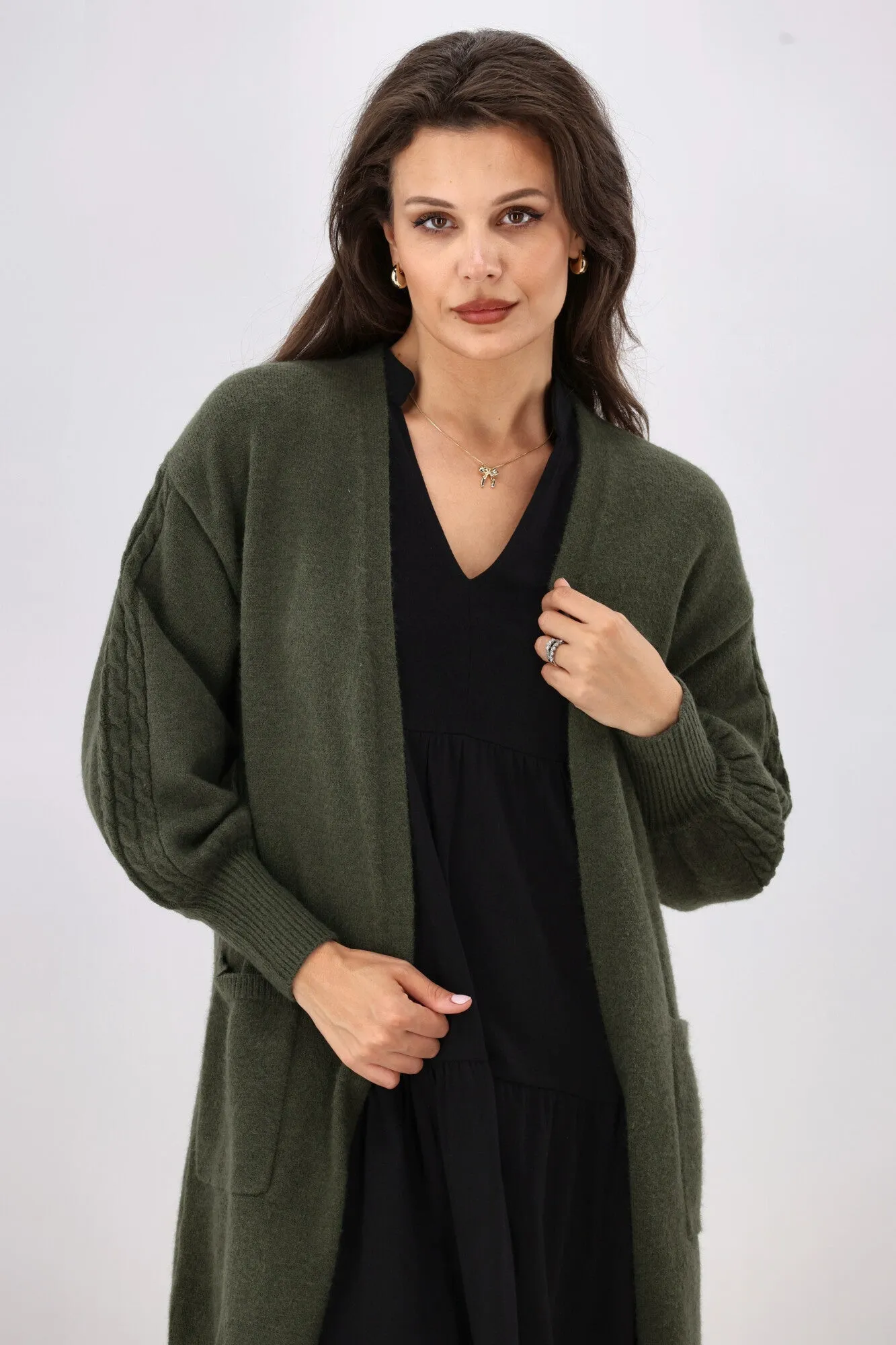 Shine On Label Wyatt Cable Knit Cardigan Olive
