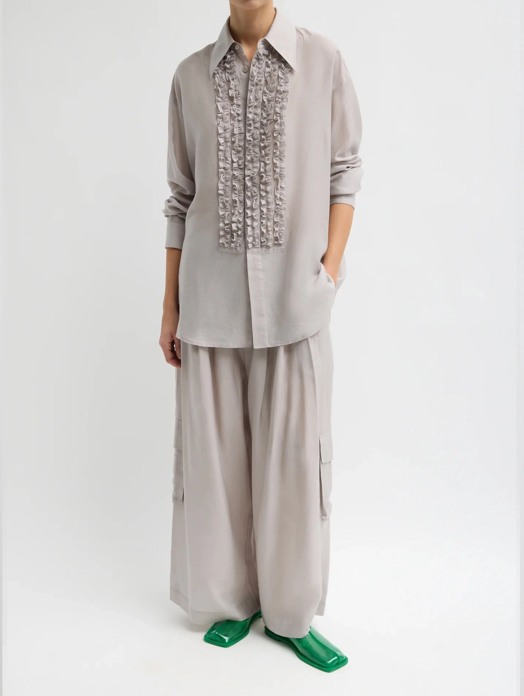 Silk Voile Easy Tuxedo Shirt in Stone