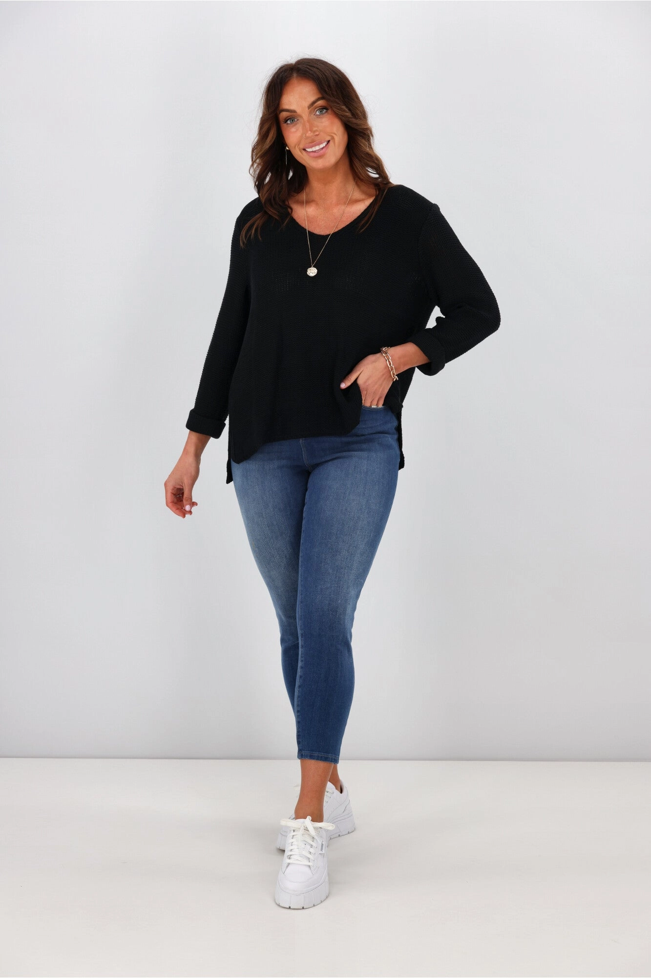 Silver Wishes Roll Up Sleeve Knit Top Black