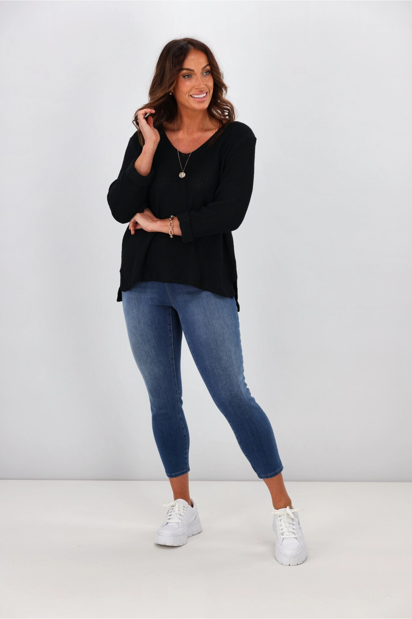 Silver Wishes Roll Up Sleeve Knit Top Black
