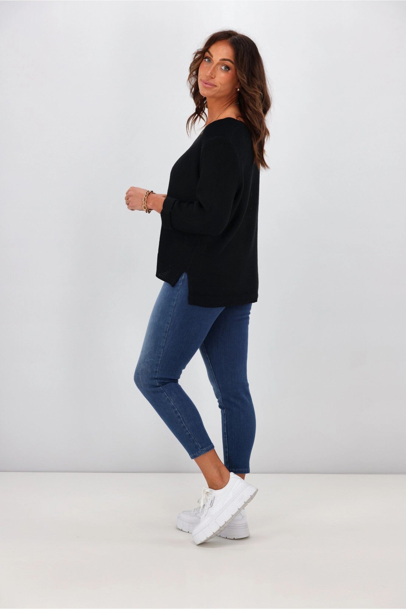 Silver Wishes Roll Up Sleeve Knit Top Black
