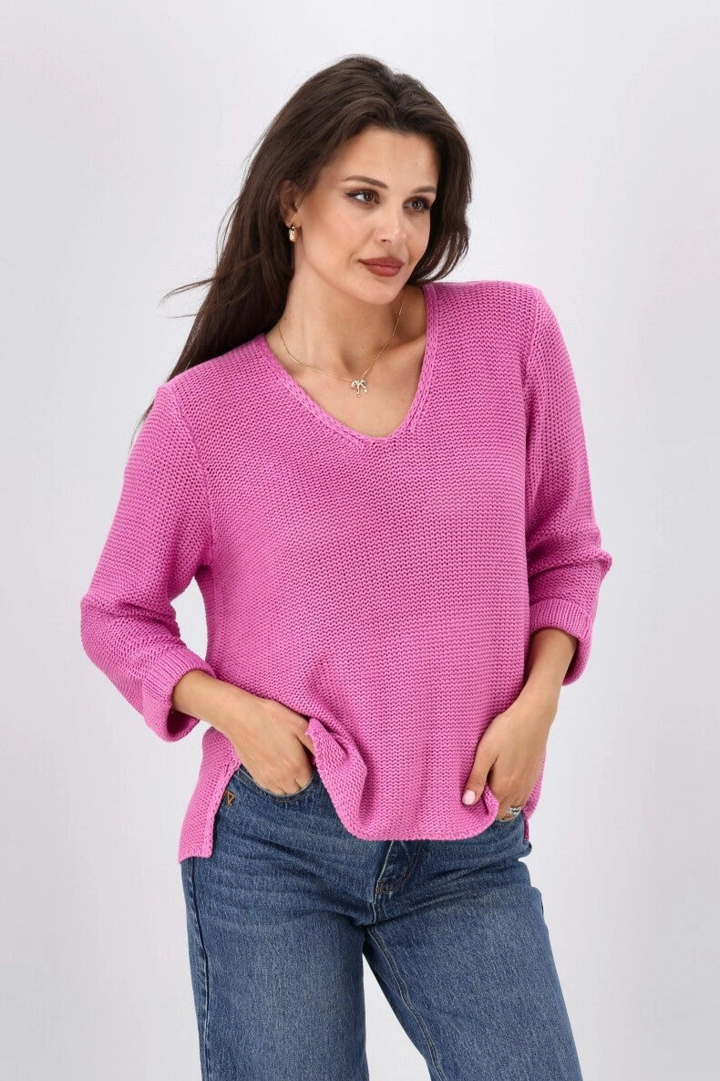 Silver Wishes Roll Up Sleeve Knit Top Fuchsia
