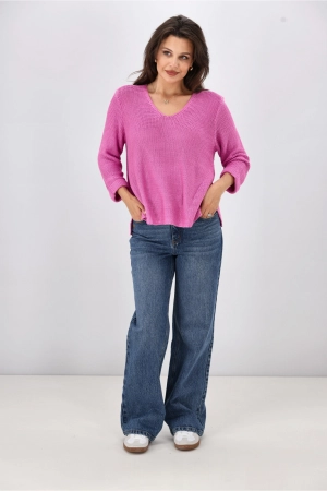Silver Wishes Roll Up Sleeve Knit Top Fuchsia