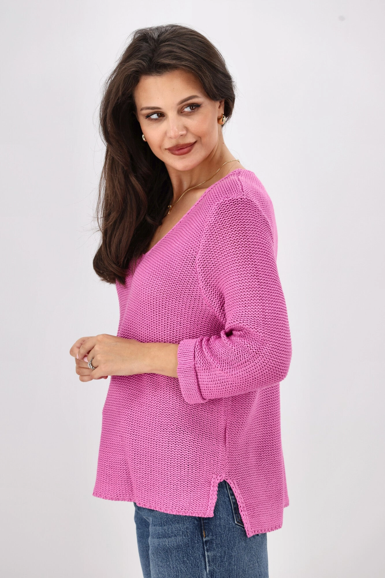 Silver Wishes Roll Up Sleeve Knit Top Fuchsia