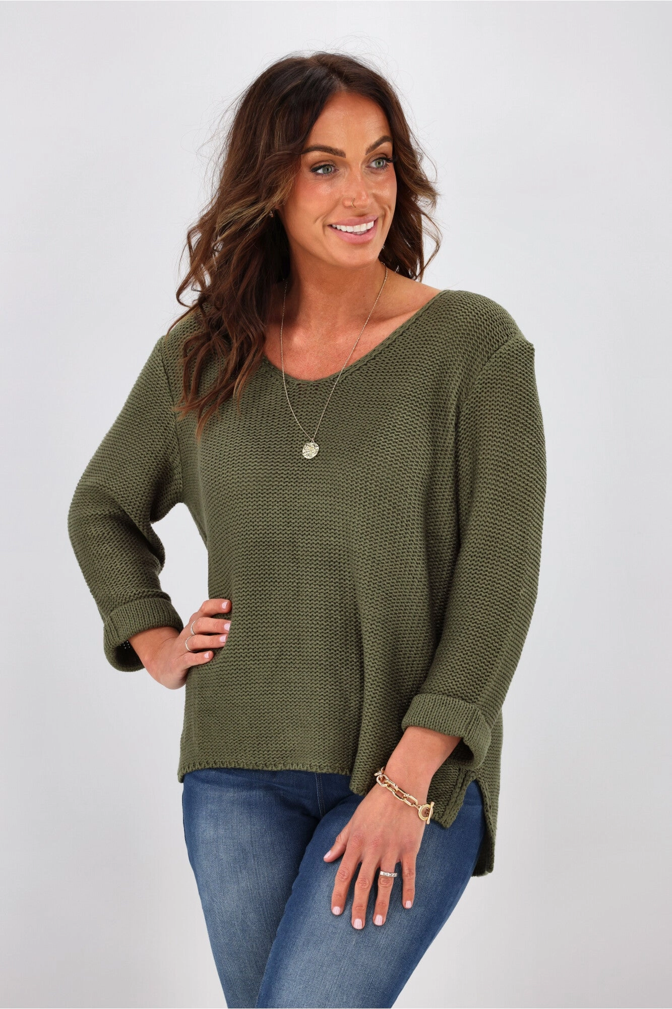 Silver Wishes Roll Up Sleeve Knit Top Khaki