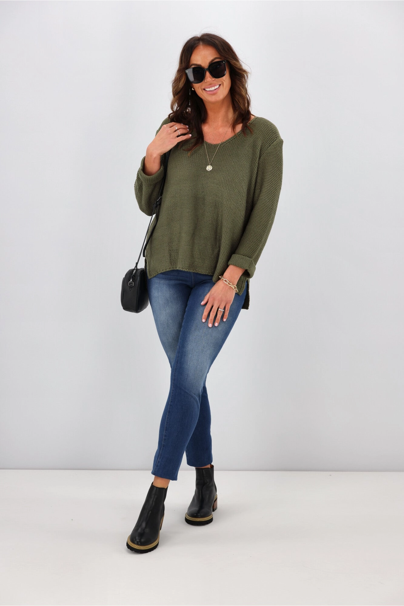 Silver Wishes Roll Up Sleeve Knit Top Khaki