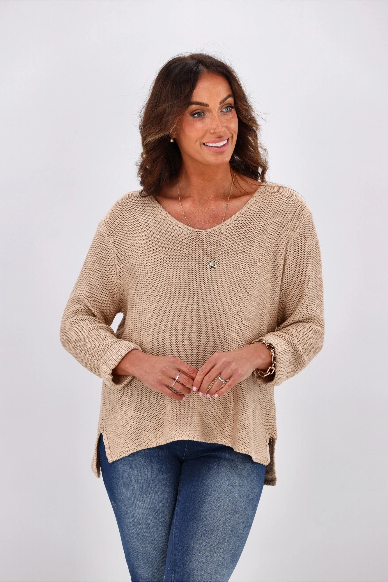 Silver Wishes Roll Up Sleeve Knit Top Mocha