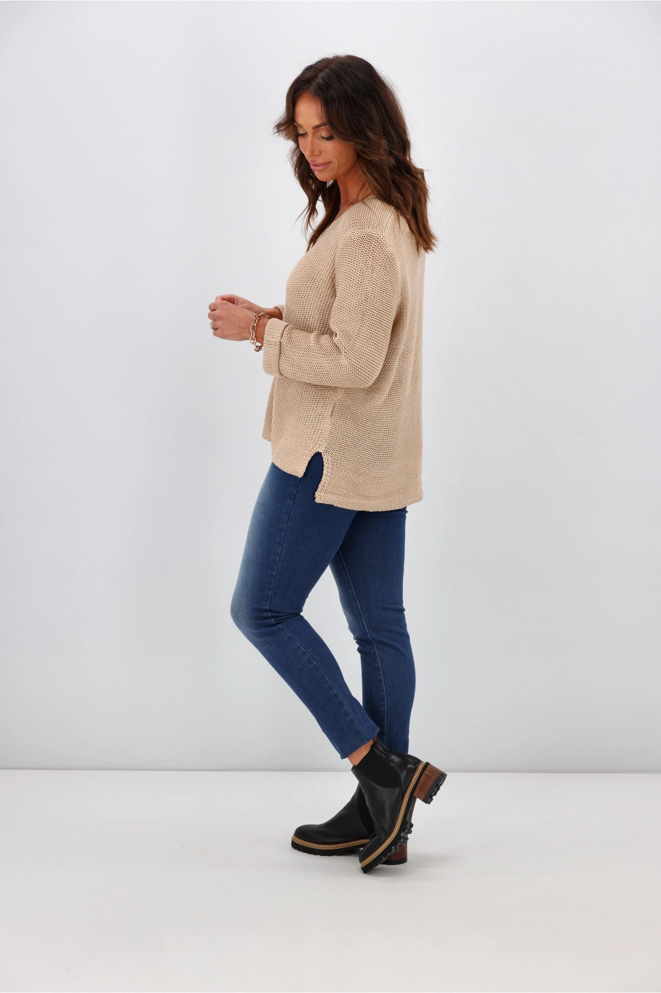 Silver Wishes Roll Up Sleeve Knit Top Mocha