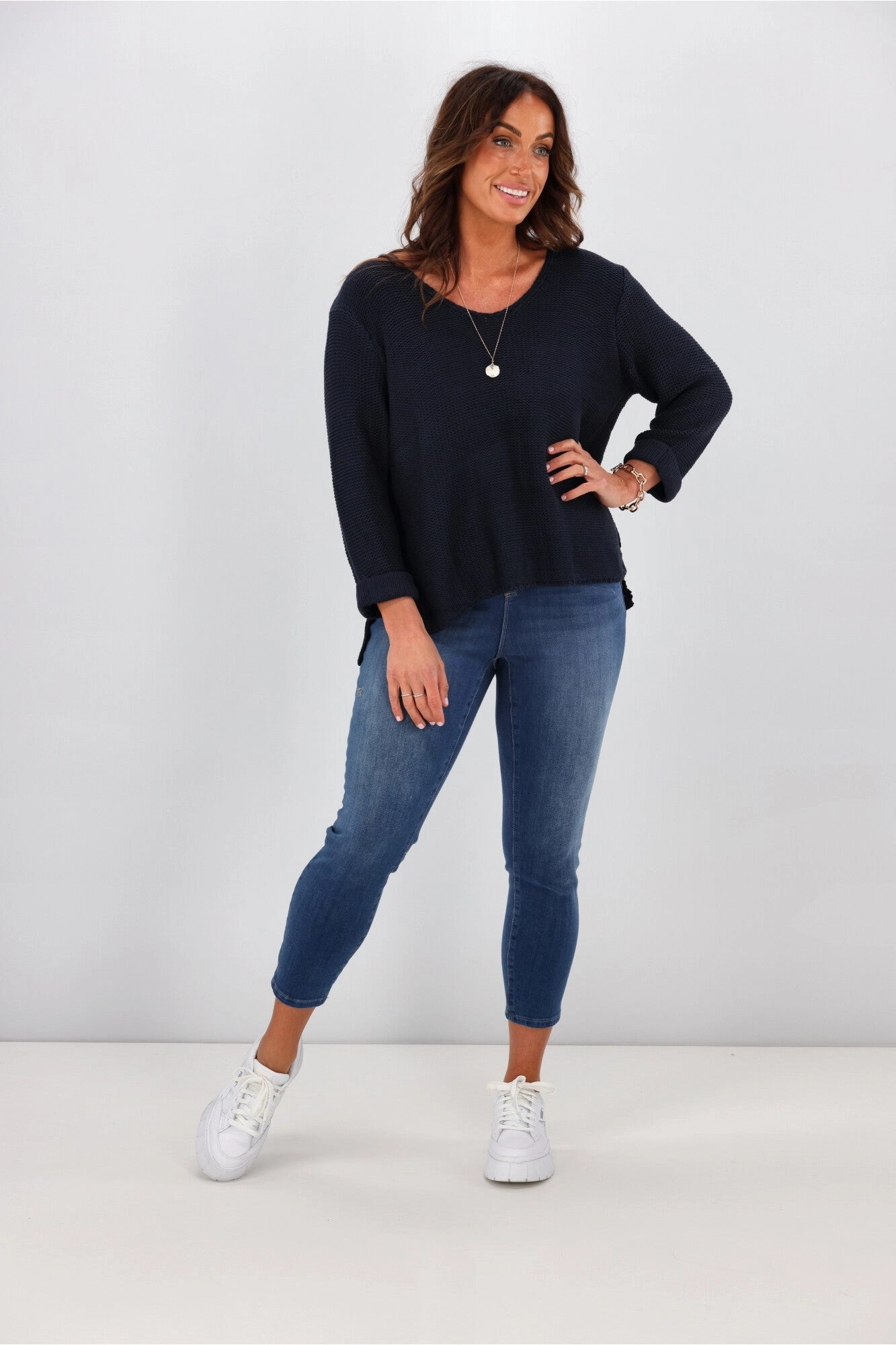 Silver Wishes Roll Up Sleeve Knit Top Navy