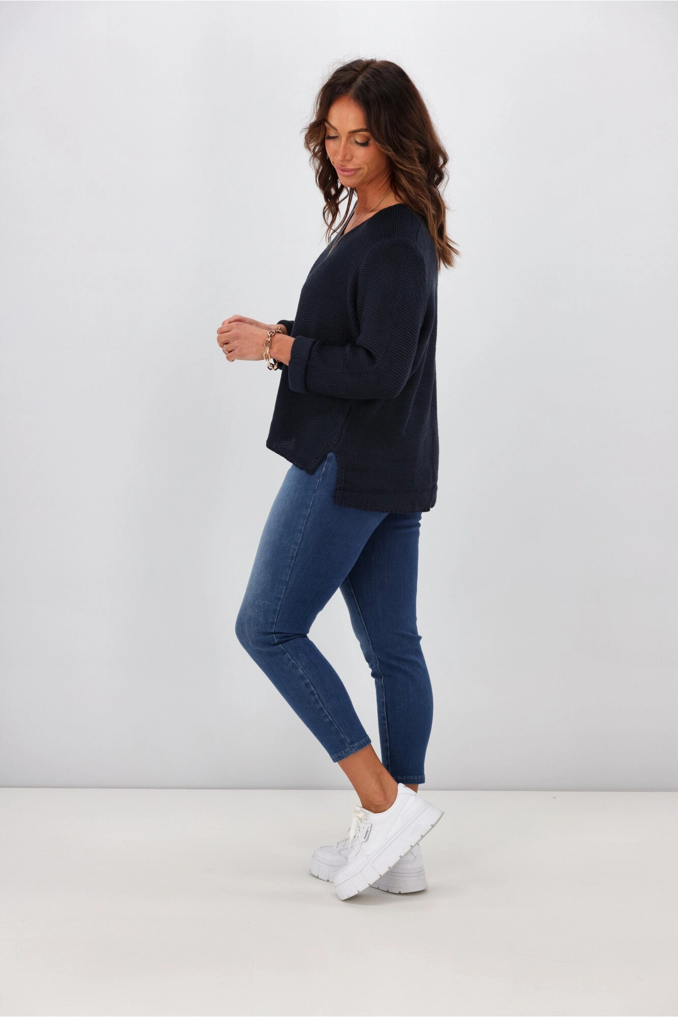 Silver Wishes Roll Up Sleeve Knit Top Navy