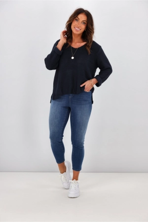 Silver Wishes Roll Up Sleeve Knit Top Navy