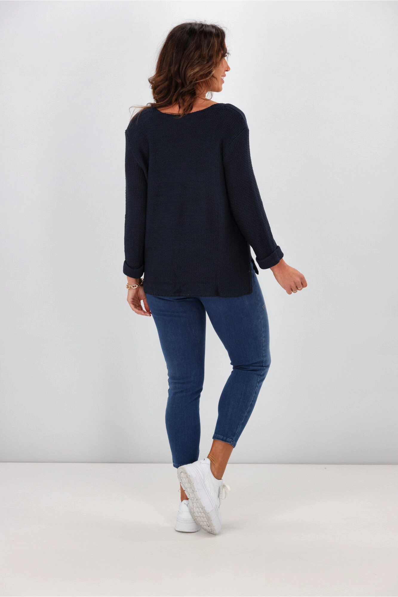 Silver Wishes Roll Up Sleeve Knit Top Navy