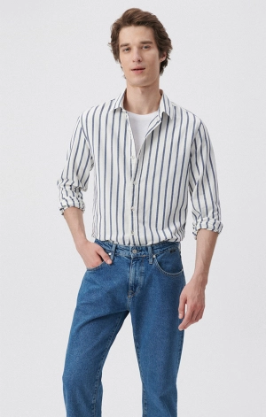 STRIPED BUTTON-UP LONG SLEEVE SHIRT IN DARK DENIM WHITE STRIPE