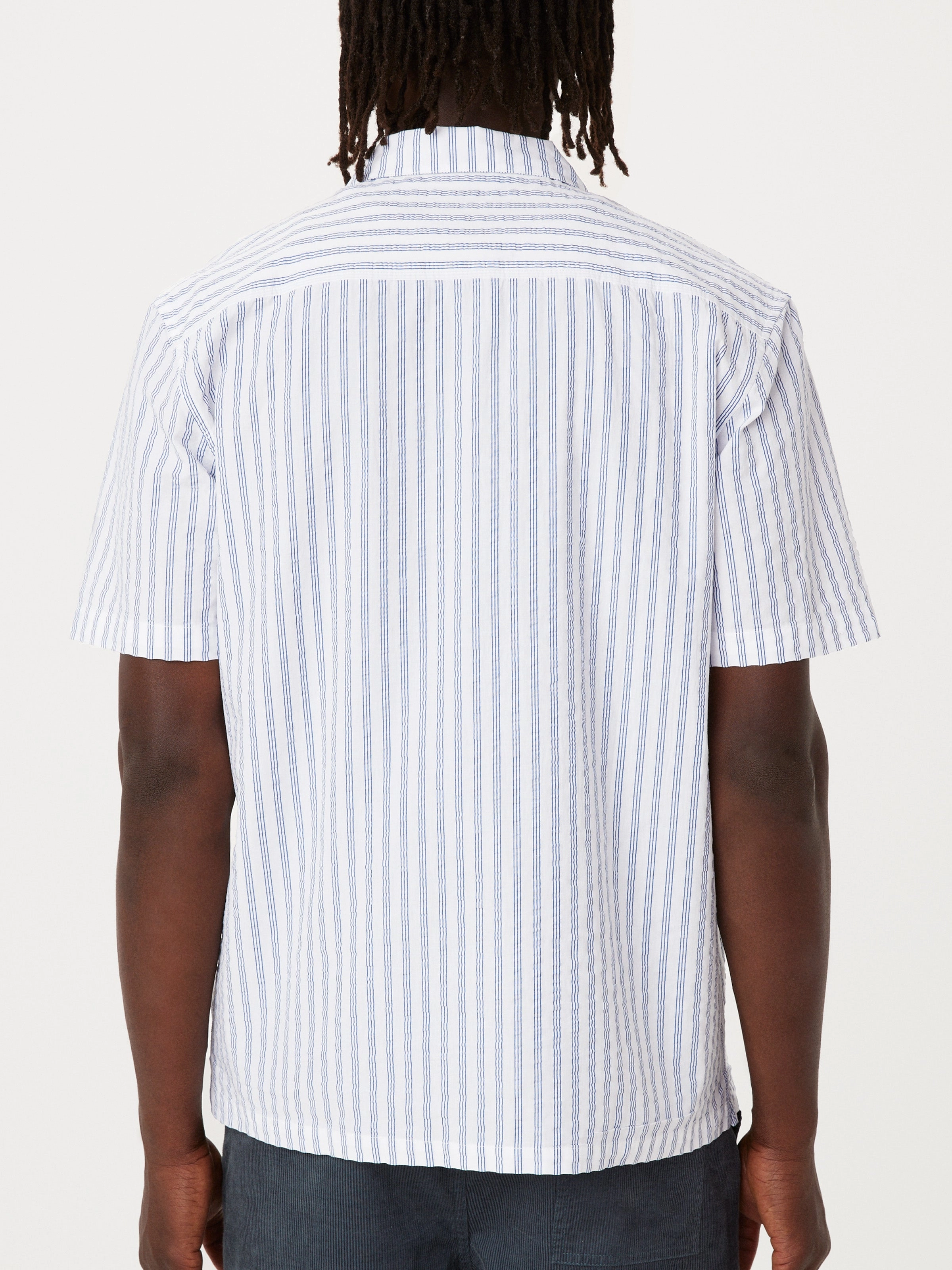 The Seersucker Camp Collar Shirt in Cobalt Blue