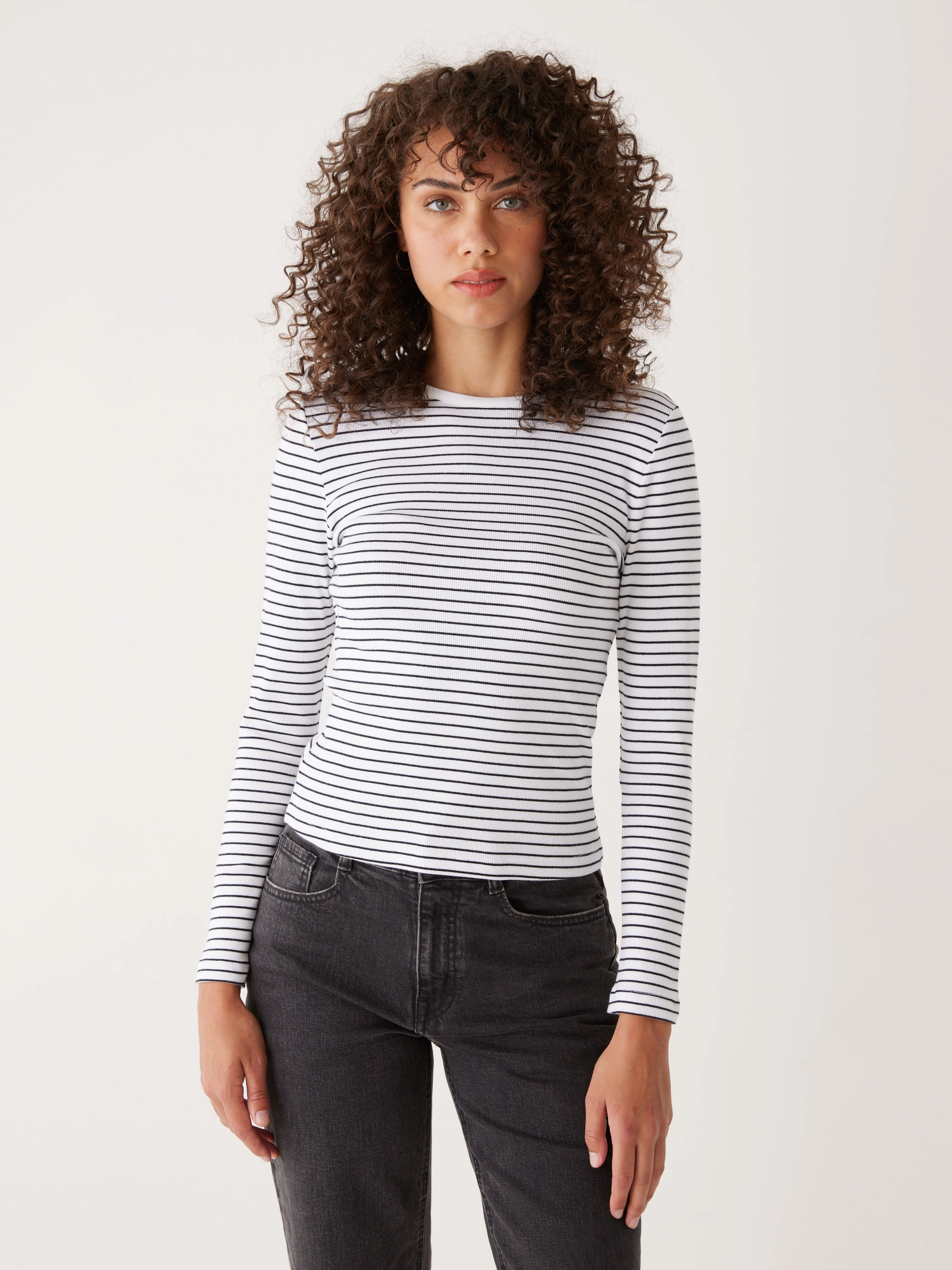 The Striped Long Sleeve Ribbed Top in Black and White